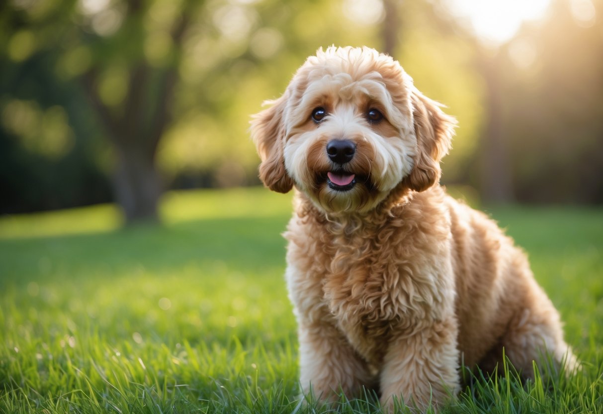A Min Goldendoodle dog sitting on green grass outdoors, looking directly at the camera.