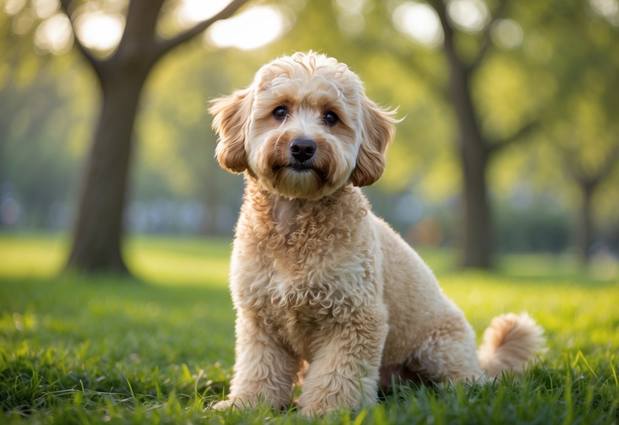 A Mini Goldendoodle dog sitting on green grass in a sunny park with trees in the background.