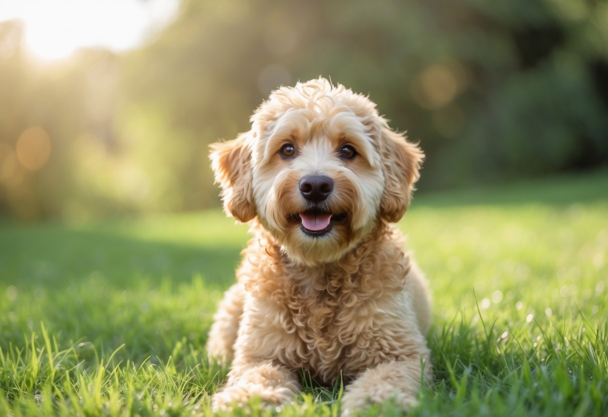 A Mini Goldendoodle dog sitting on green grass looking at the camera with a happy expression.