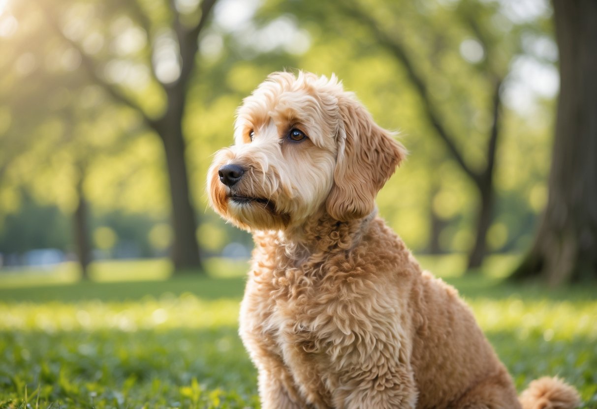 A Mini Goldendoodle dog sitting calmly in a green park with sunlight filtering through trees.