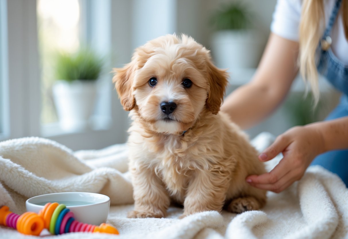 A Mini Goldendoodle puppy sitting on a white blanket indoors, being gently petted by a person with a water bowl and toy nearby.
