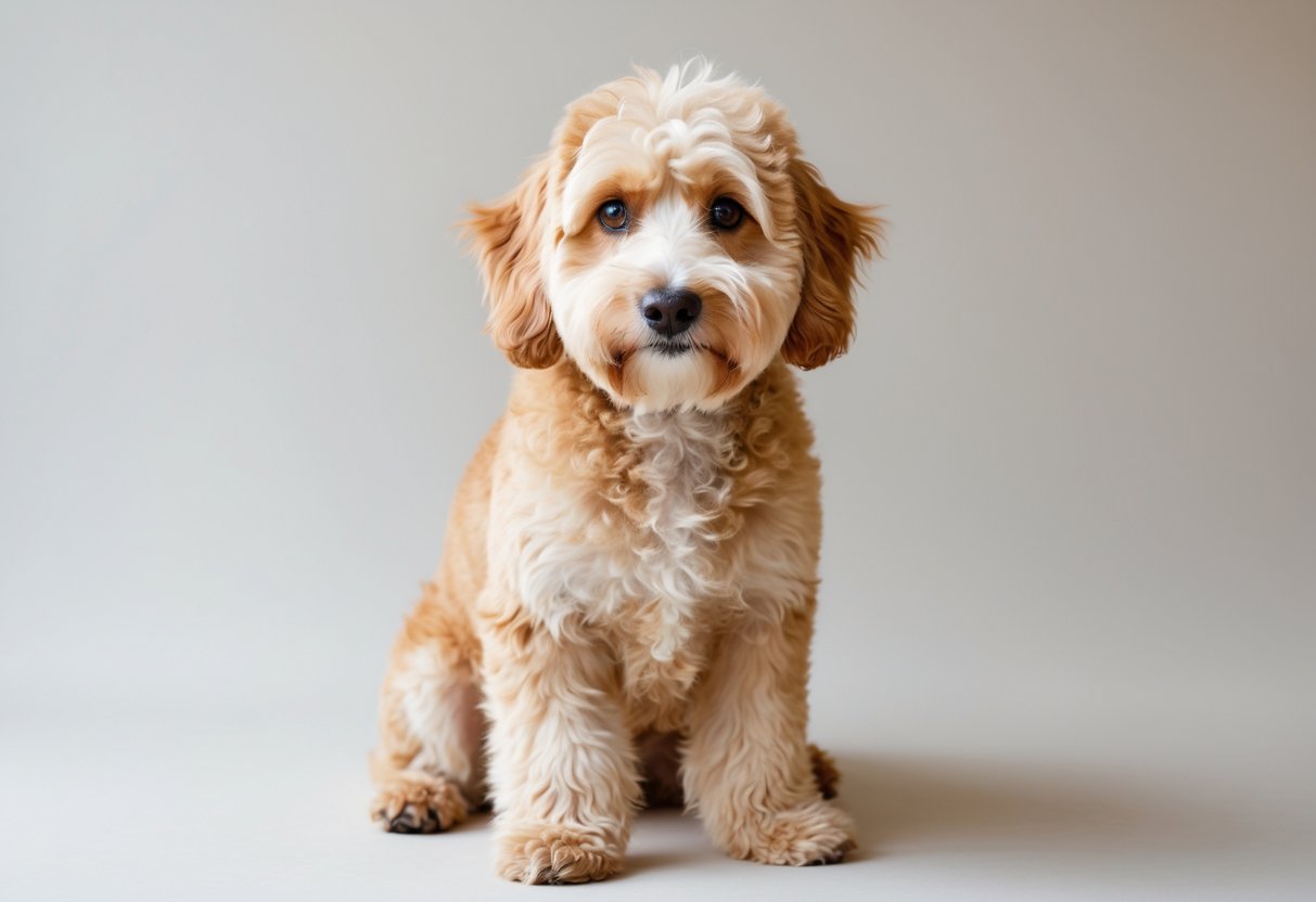A Mini Goldendoodle dog sitting attentively on a plain background.