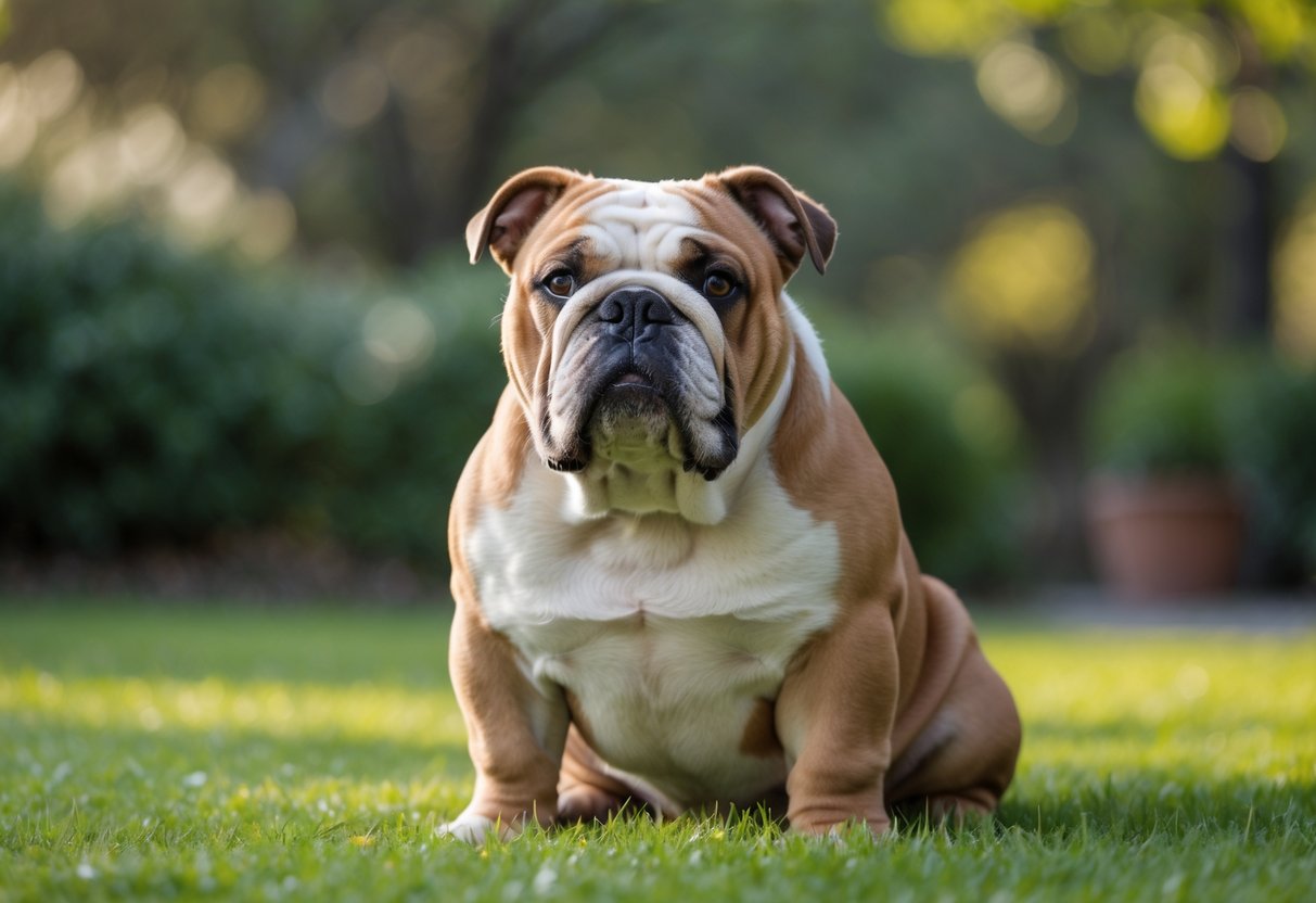 An English Bulldog sitting on green grass outdoors, looking forward with a calm expression.