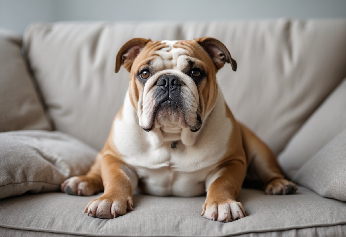 An English Bulldog sitting calmly with a gentle and relaxed expression on a neutral background.