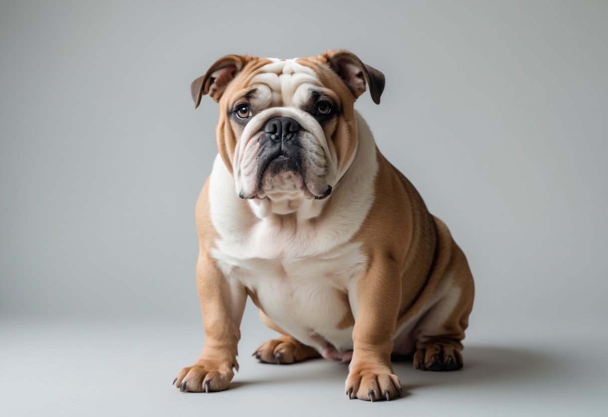 An English Bulldog sitting calmly on a neutral background, showing its characteristic wrinkled face and stocky build.