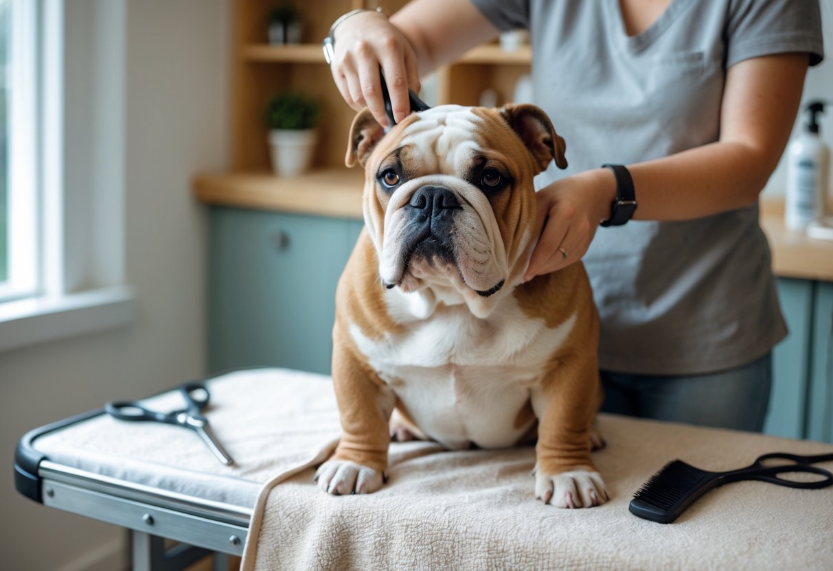 An English Bulldog sitting calmly on a grooming table while a person gently brushes its fur indoors.