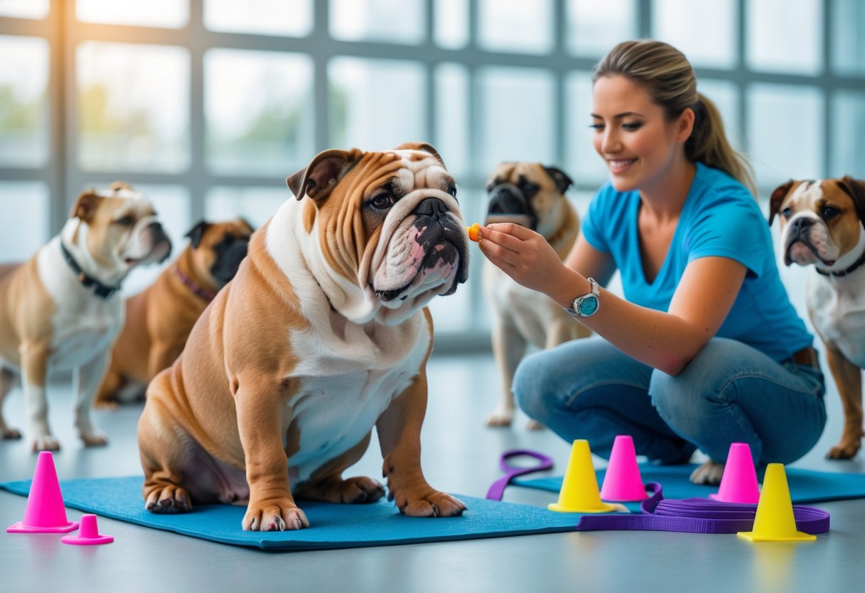 An English Bulldog sitting calmly while a trainer offers a treat during a training and socialization session indoors.