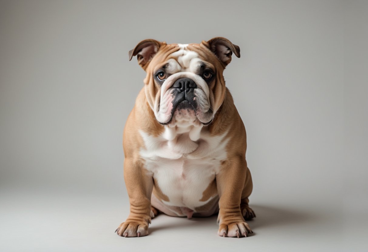 An English Bulldog sitting calmly on a plain background, looking directly at the camera.