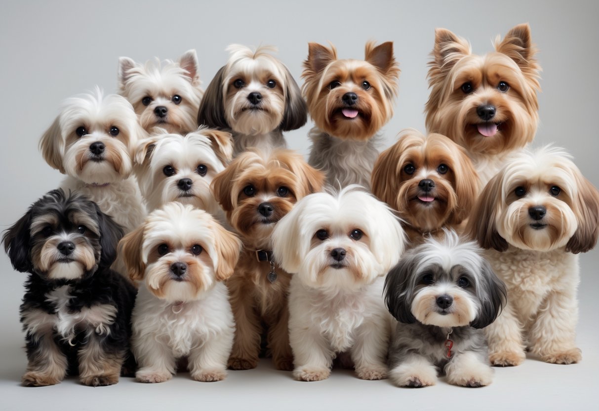 A group of small fluffy dogs with teddy bear-like coats sitting and standing together on a neutral background.