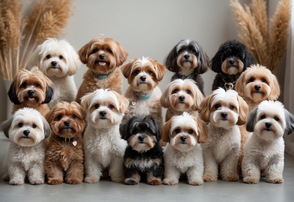 Ten small fluffy dogs of various teddy bear breeds sitting and standing together indoors, looking at the camera.
