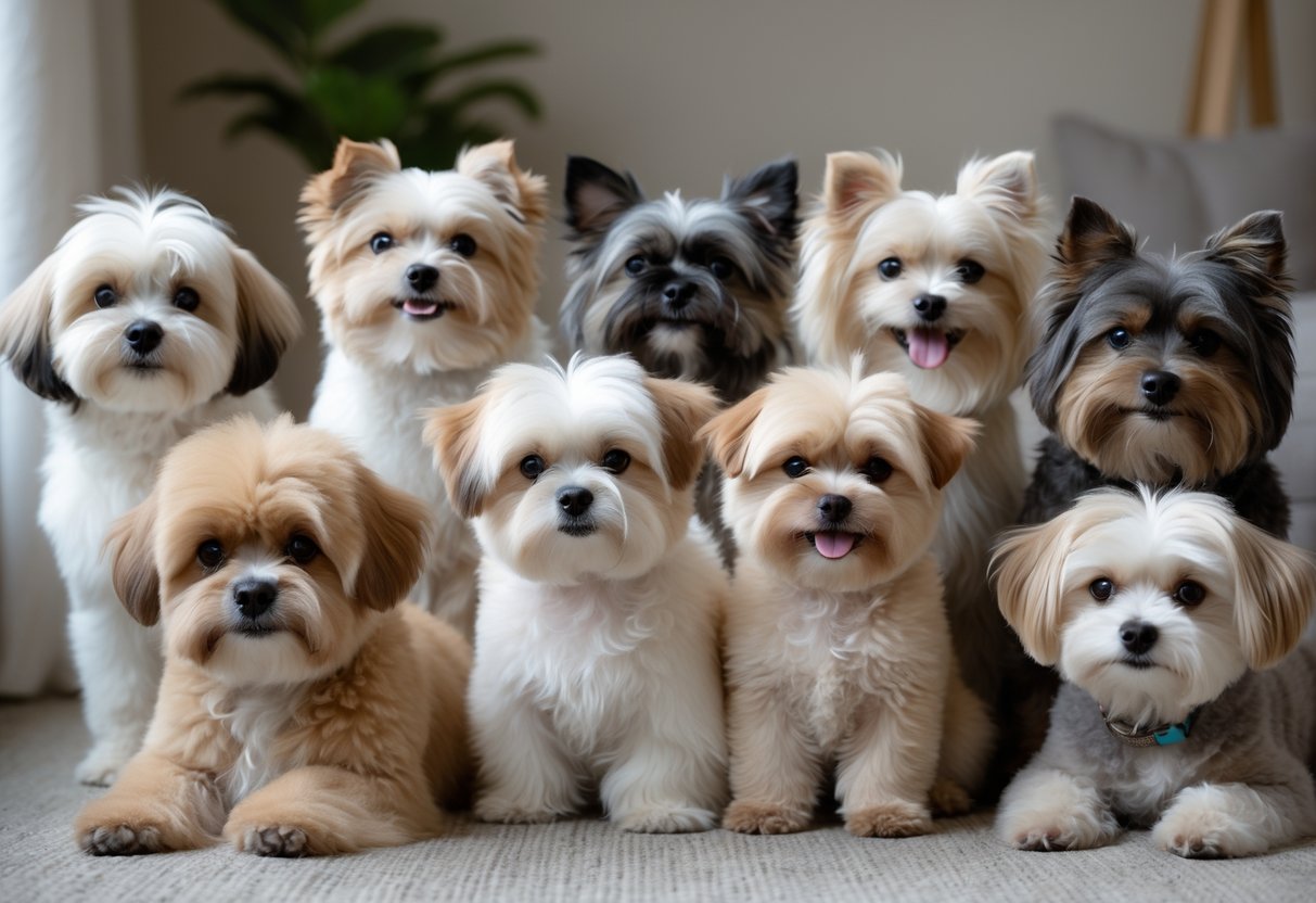 A group of small and medium-sized fluffy dogs with teddy bear-like appearances sitting and standing together indoors.