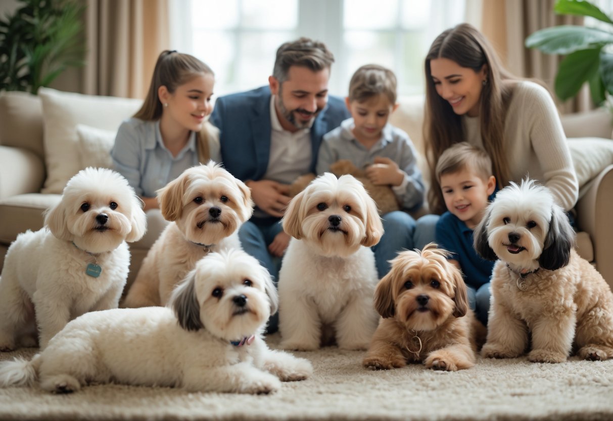 A group of small fluffy teddy bear dog breeds playing and resting with a family in a cozy living room.