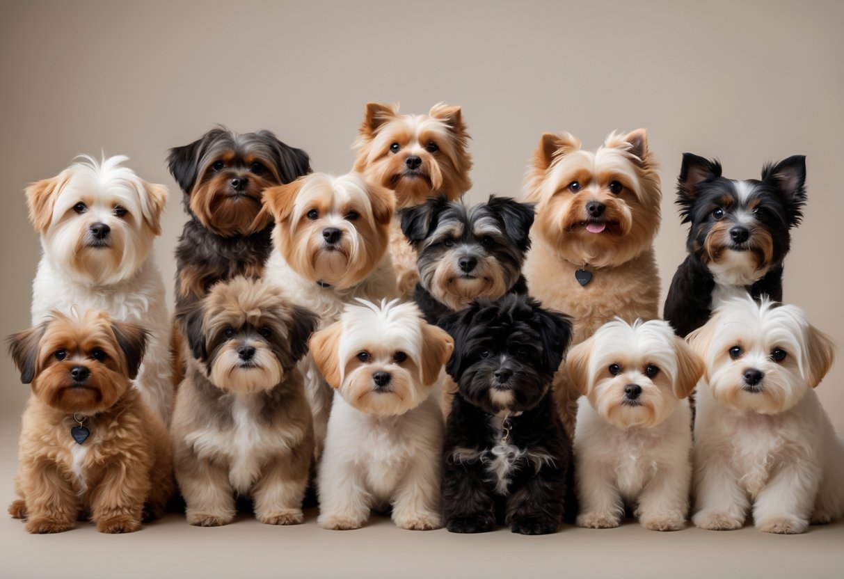 Ten small to medium teddy bear dogs with fluffy coats sitting and standing together on a neutral background.