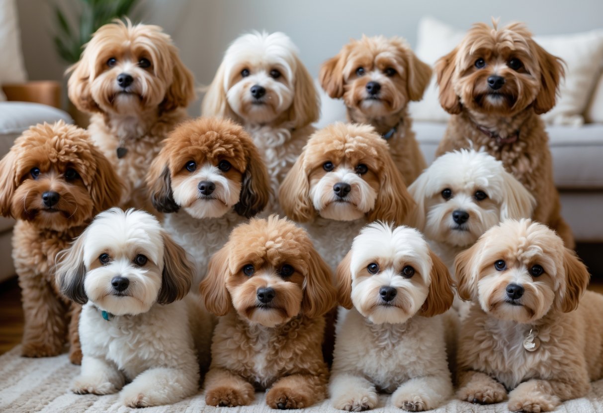 Ten small to medium fluffy dogs with teddy bear-like appearances sitting together indoors on a soft floor.