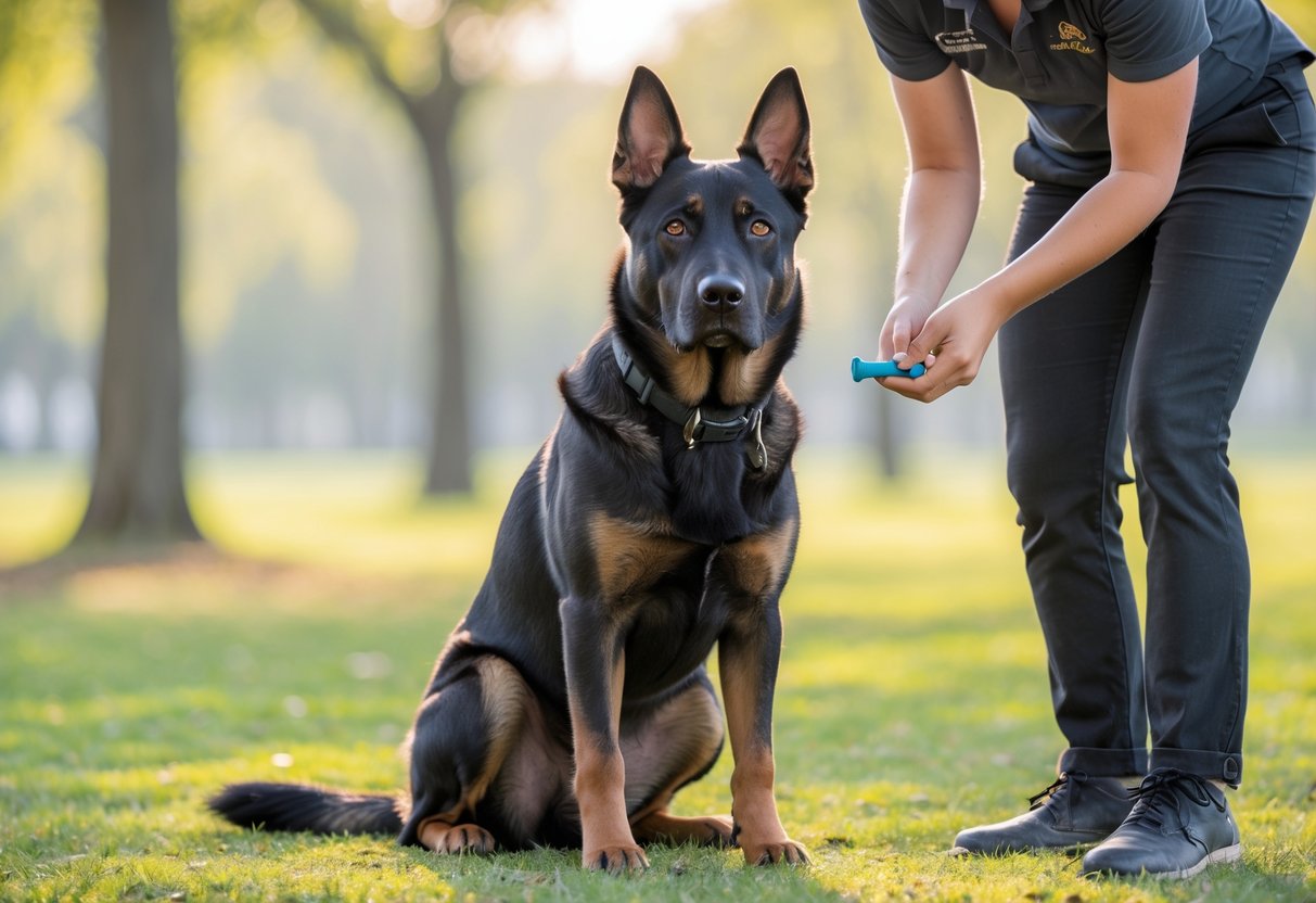 A Belgian Malinois dog sitting attentively in front of a trainer outdoors in a park.