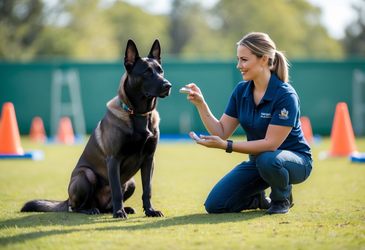 A Belgian Malinois dog sitting attentively next to a trainer in an outdoor training area with green grass and training equipment.