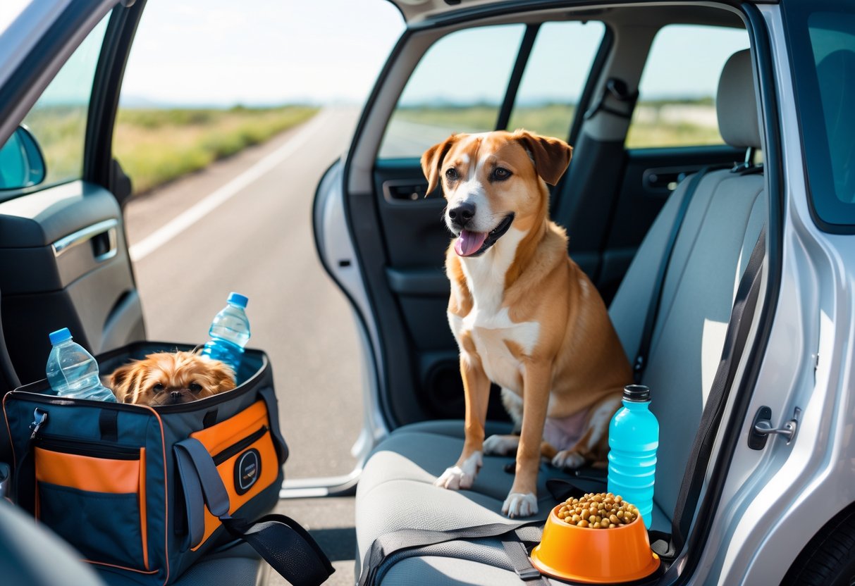 A dog sitting calmly inside a car next to a packed travel bag with dog supplies, ready for a long road trip.