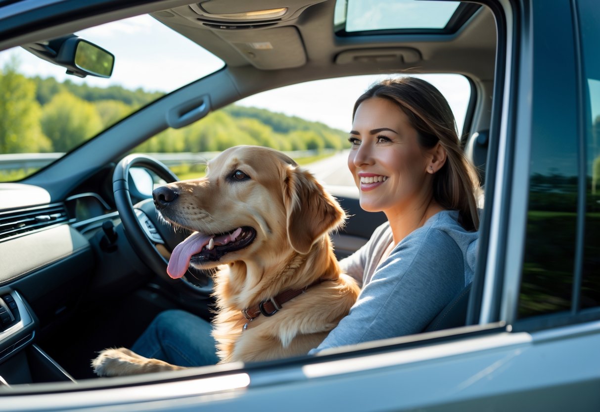 A person and their golden retriever sitting in a car on a scenic highway during a road trip.