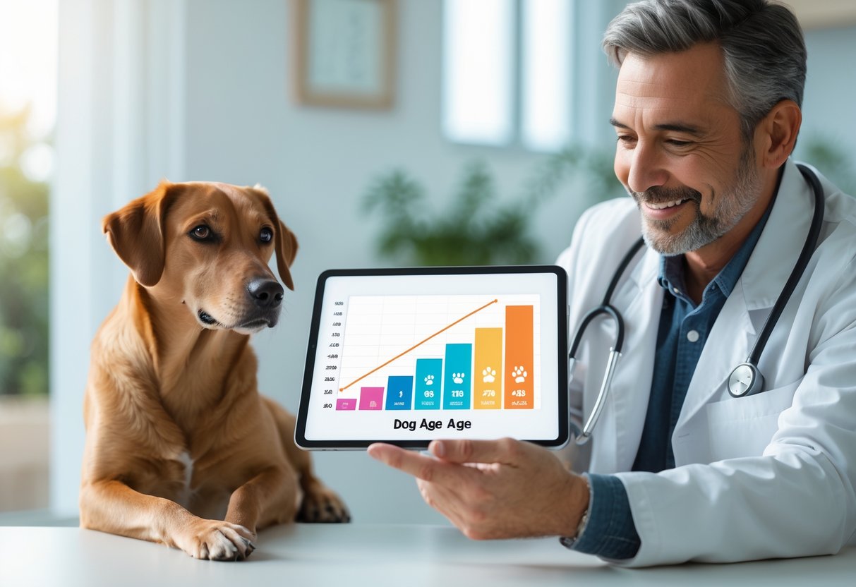 A person using a digital tablet next to a calm dog sitting indoors.
