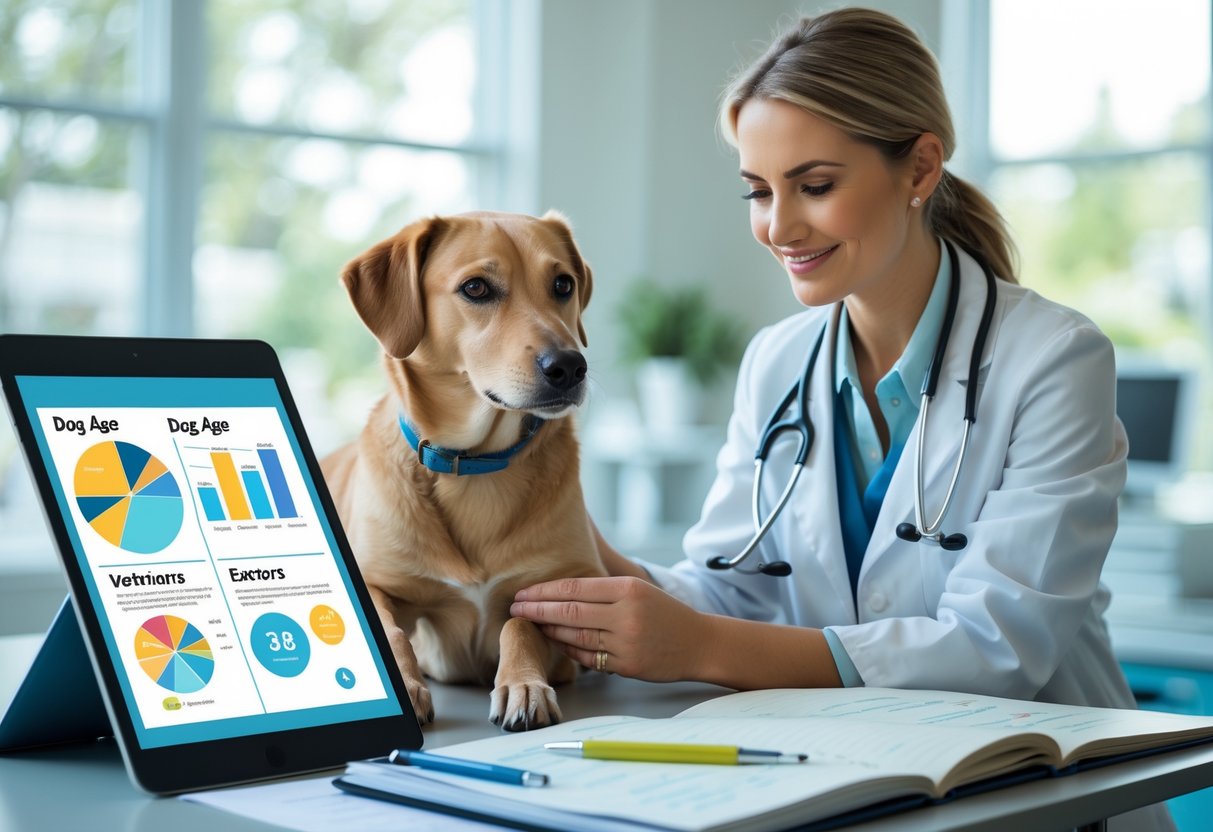 A veterinarian examining a dog on a table with charts and medical tools in a bright clinic.