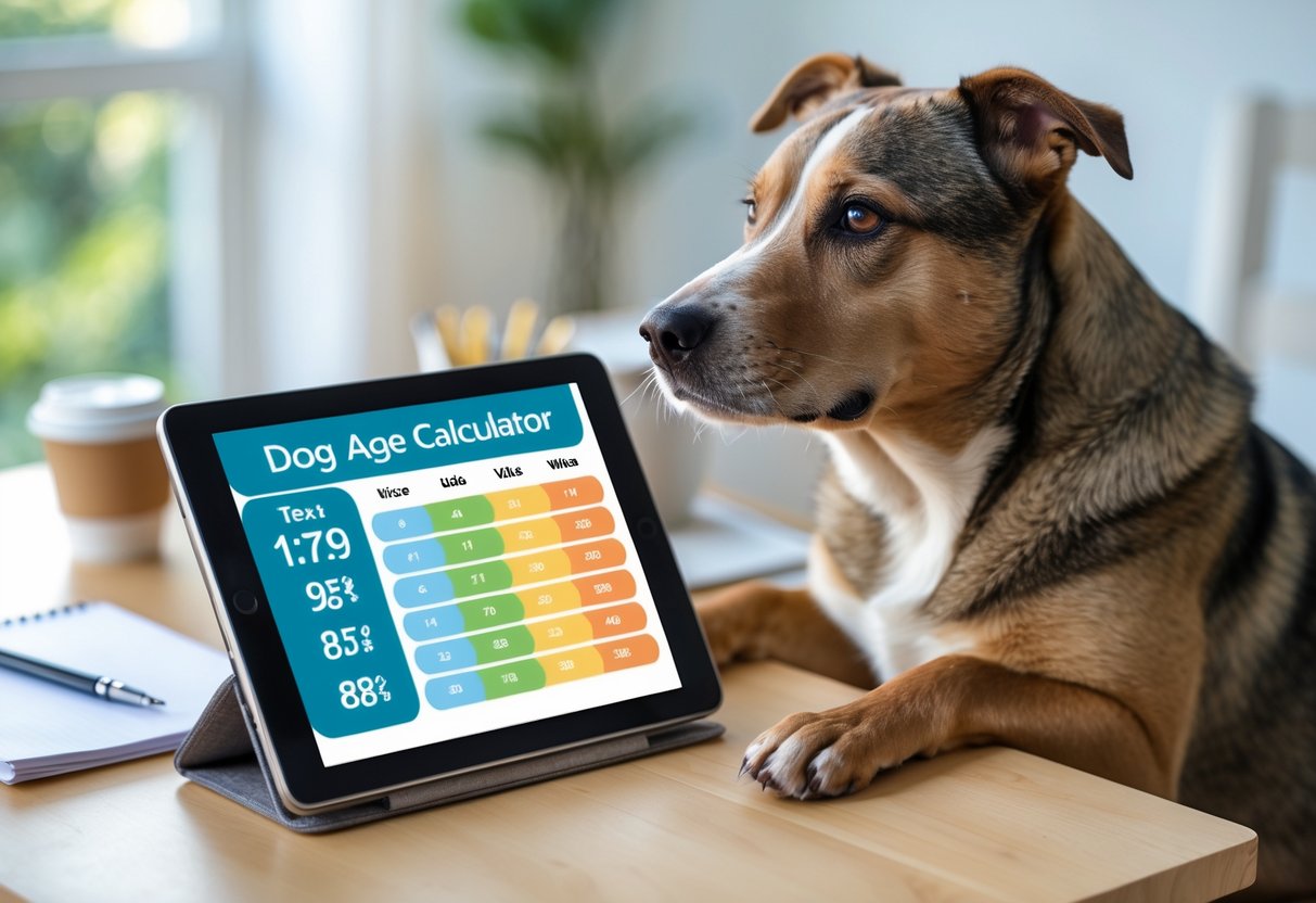 A dog sitting next to a tablet displaying a dog age calculator on a wooden table in a bright home office.