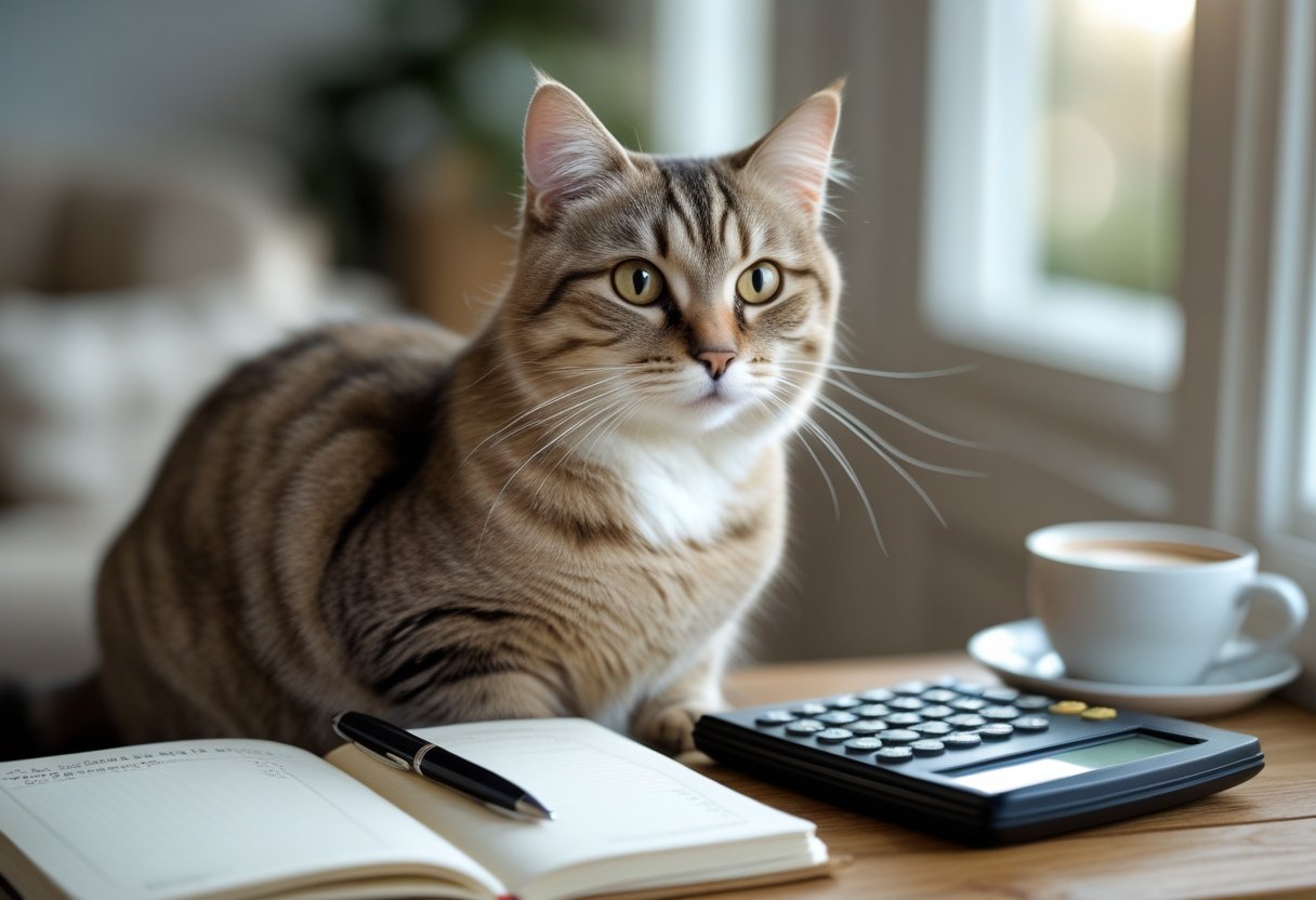 A domestic cat sitting on a wooden table next to a notebook and calculator in a cozy home setting.