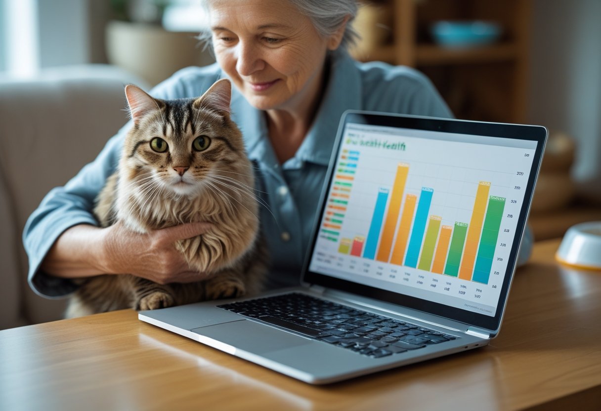A person holding a cat while sitting at a table with a laptop showing pet health charts in a cozy home setting.