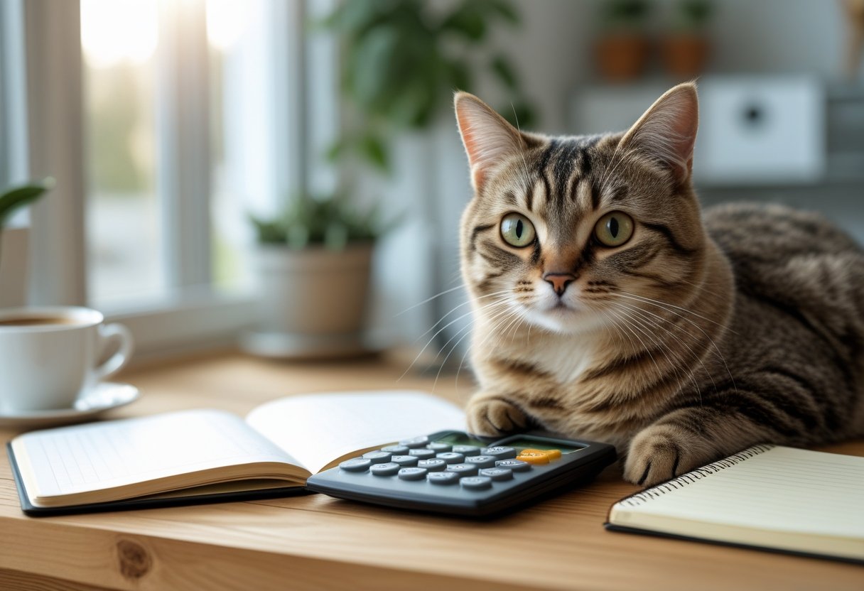 A cat sitting on a wooden table next to a calculator and an open notebook in a cozy home office.