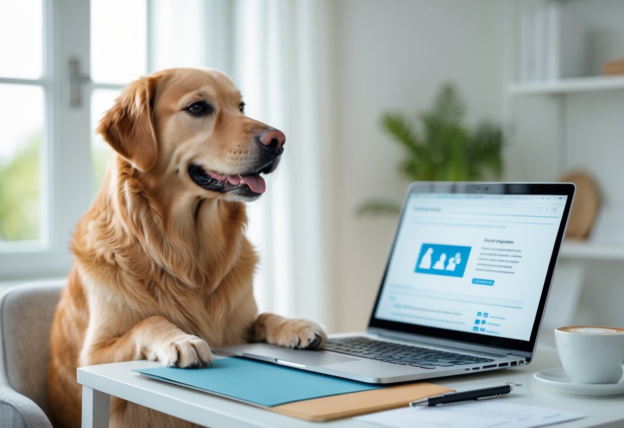 A medium-sized dog sitting next to a laptop on a desk in a bright home office, with pet care items nearby.