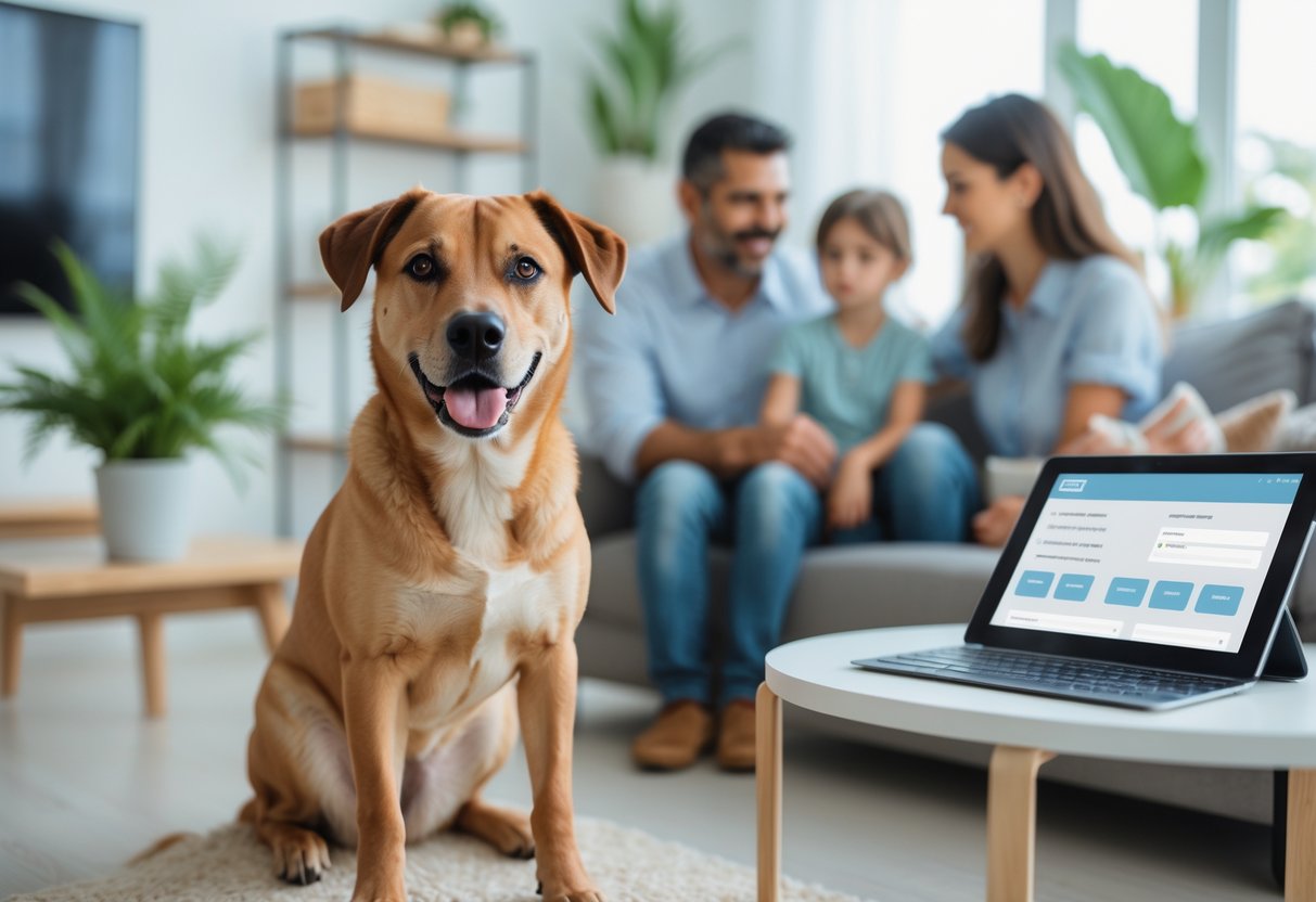 A happy dog sitting in a bright living room with a family talking in the background and a tablet on a table nearby.