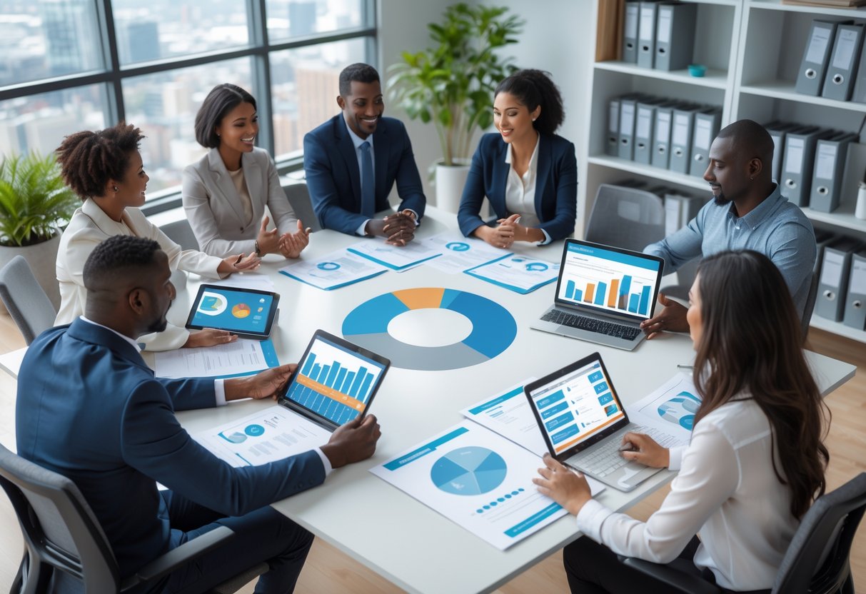 People sitting around a conference table discussing documents and tablets with images of dogs and charts in a modern office.