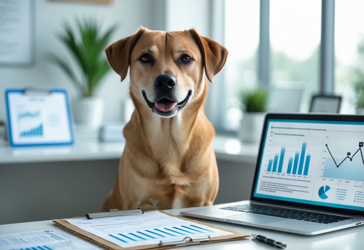A healthy dog sitting next to a clipboard and pen on a desk in a bright office with a laptop and documents nearby.