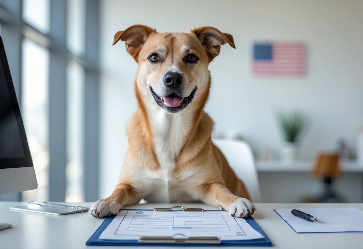 A happy dog sitting next to a clipboard and pen on a desk in a bright office with subtle American-themed decor.