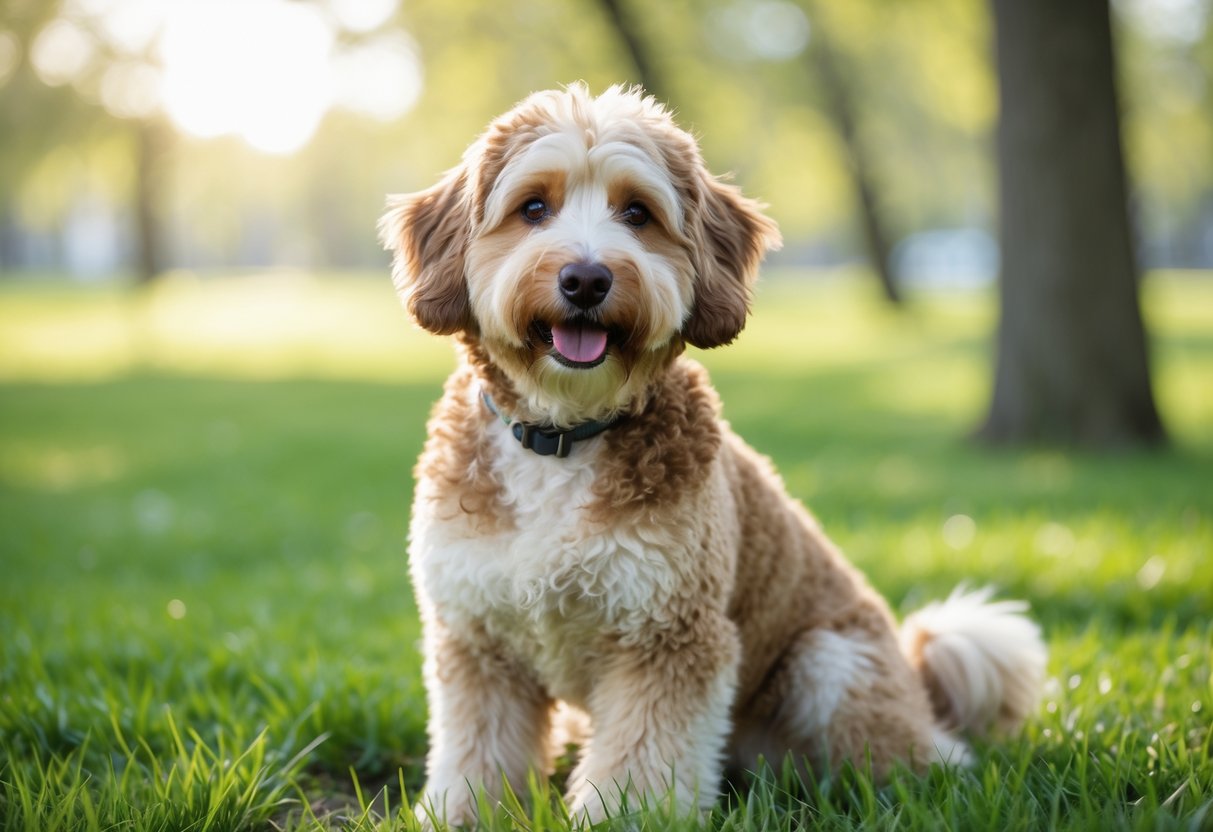 A Berndoodle dog sitting on grass in a sunny park with trees in the background.