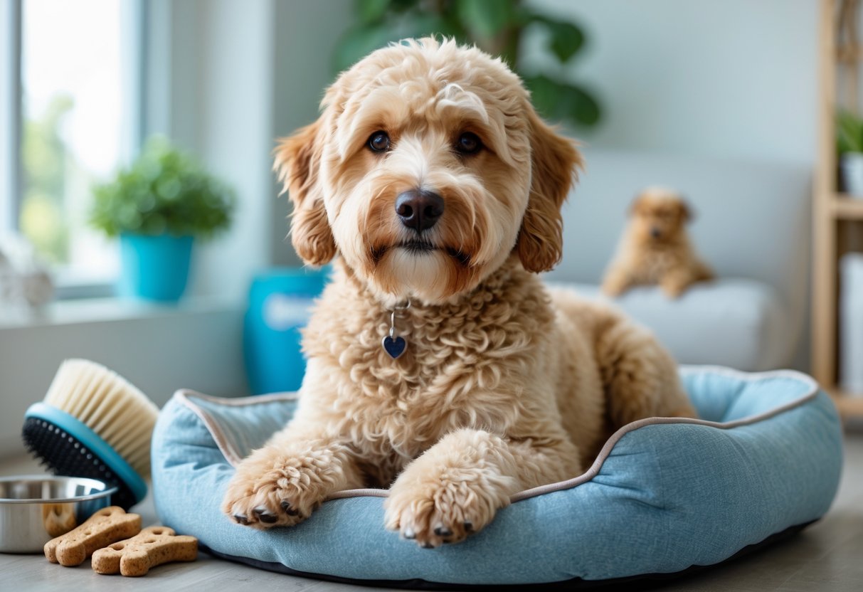 A healthy Berndoodle dog sitting calmly on a dog bed surrounded by pet care items in a bright indoor environment.