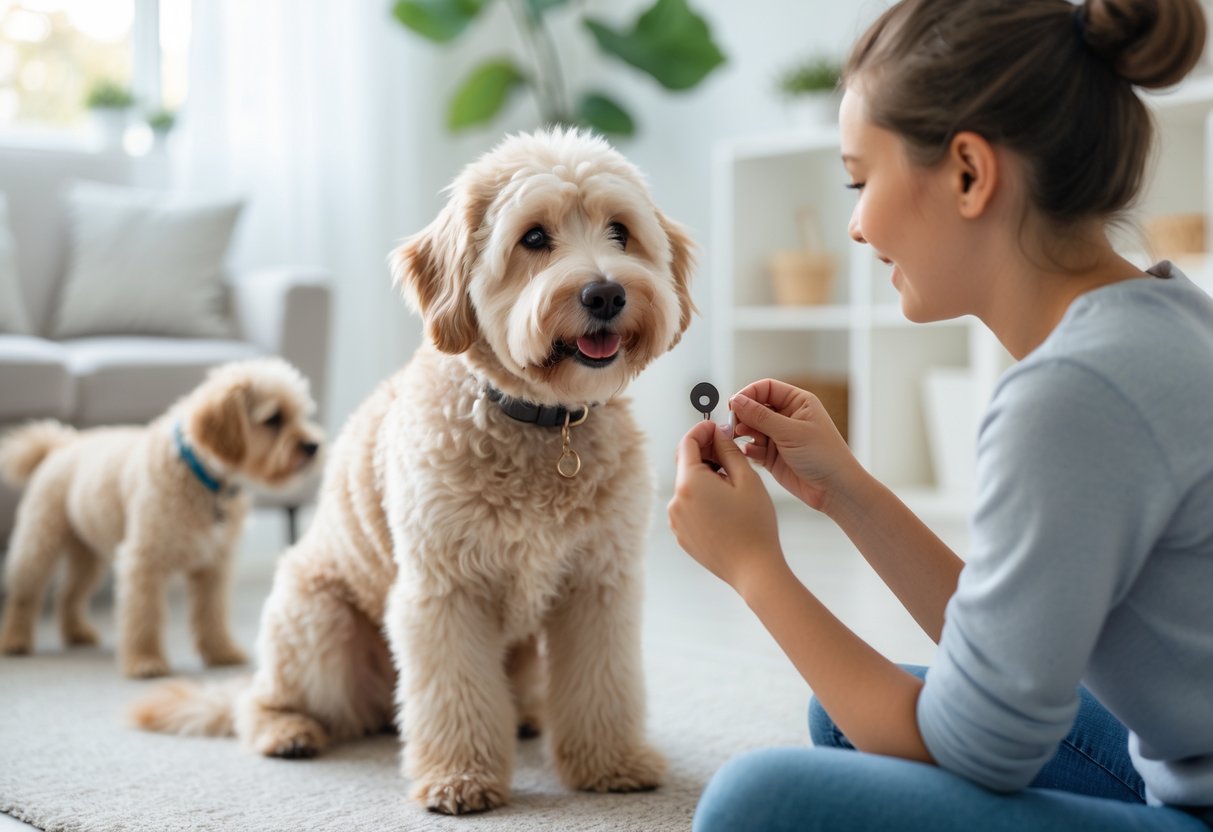 A Berndoodle dog attentively receiving training from a person indoors, with another dog or child interacting in the background.