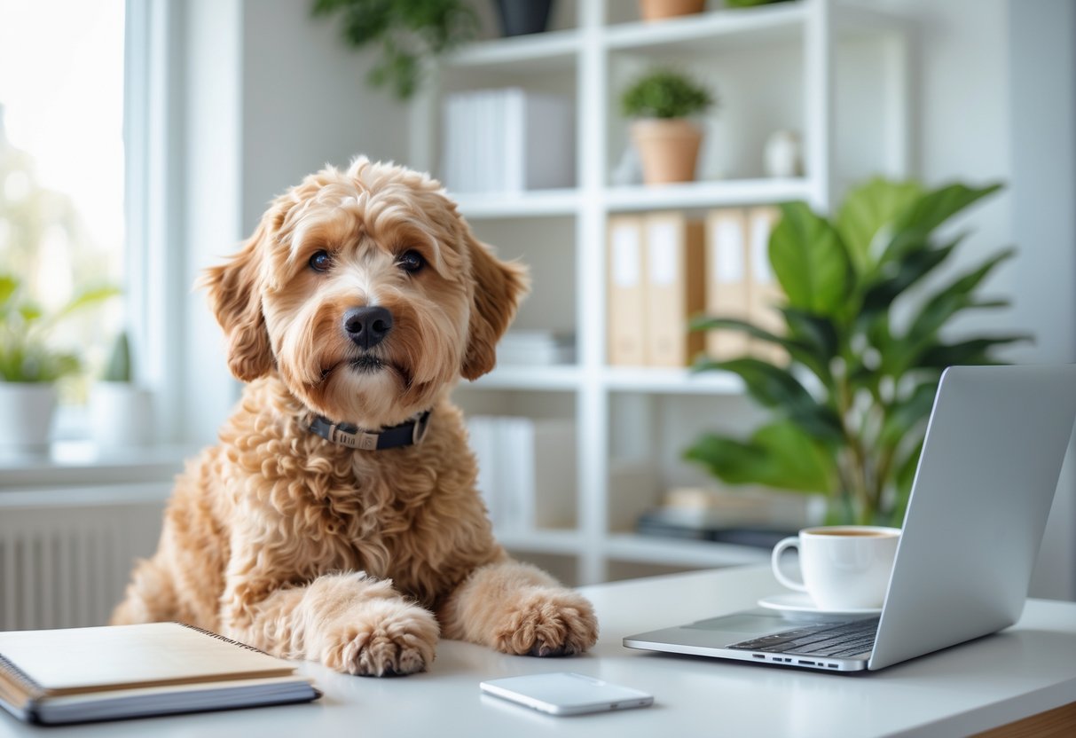A Berndoodle dog sitting attentively next to a desk in a bright home office with a laptop and plants.