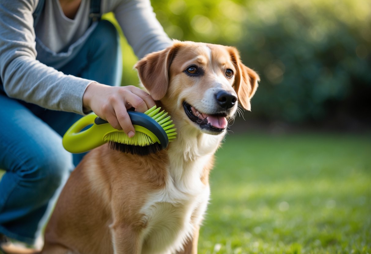 A person brushing a dog’s coat outdoors on a grassy lawn with trees in the background.