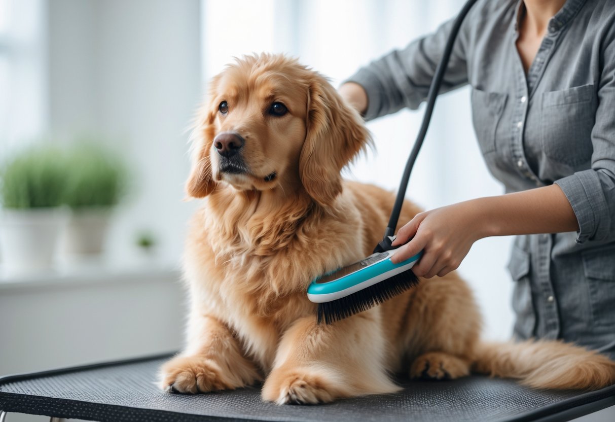 A person brushing a long-haired dog with a slicker brush on a grooming table indoors.