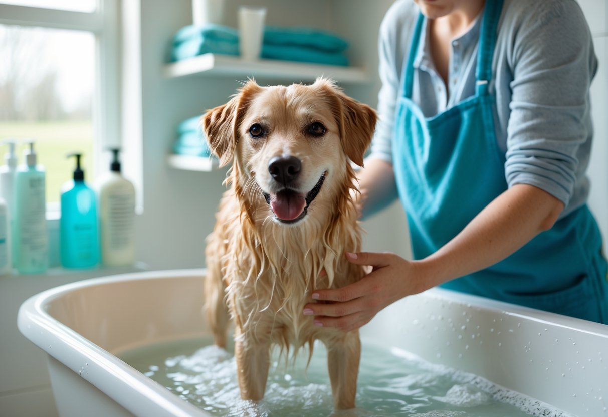 A person gently bathing a medium-sized dog in a bathtub with shampoo, surrounded by grooming supplies.