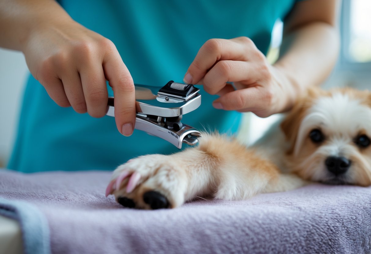 A person trimming a dog's nails with a nail clipper while the dog sits calmly on a grooming table.