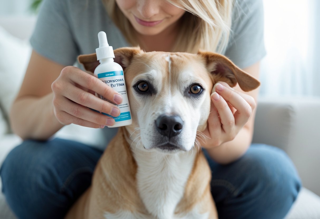 A person gently cleaning a dog's ears with an ear cleaner while the dog sits calmly.