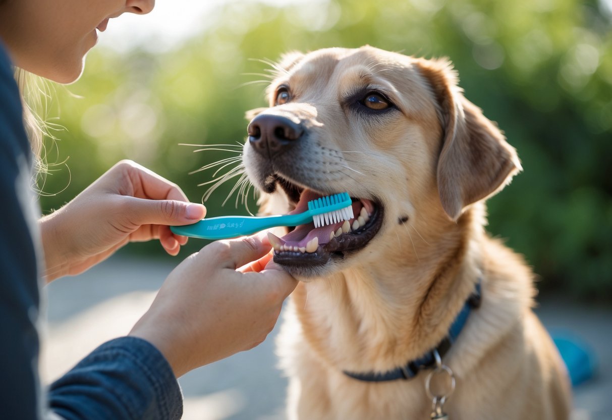 A person brushing a dog's teeth outdoors with a toothbrush, the dog is calm and cooperative.