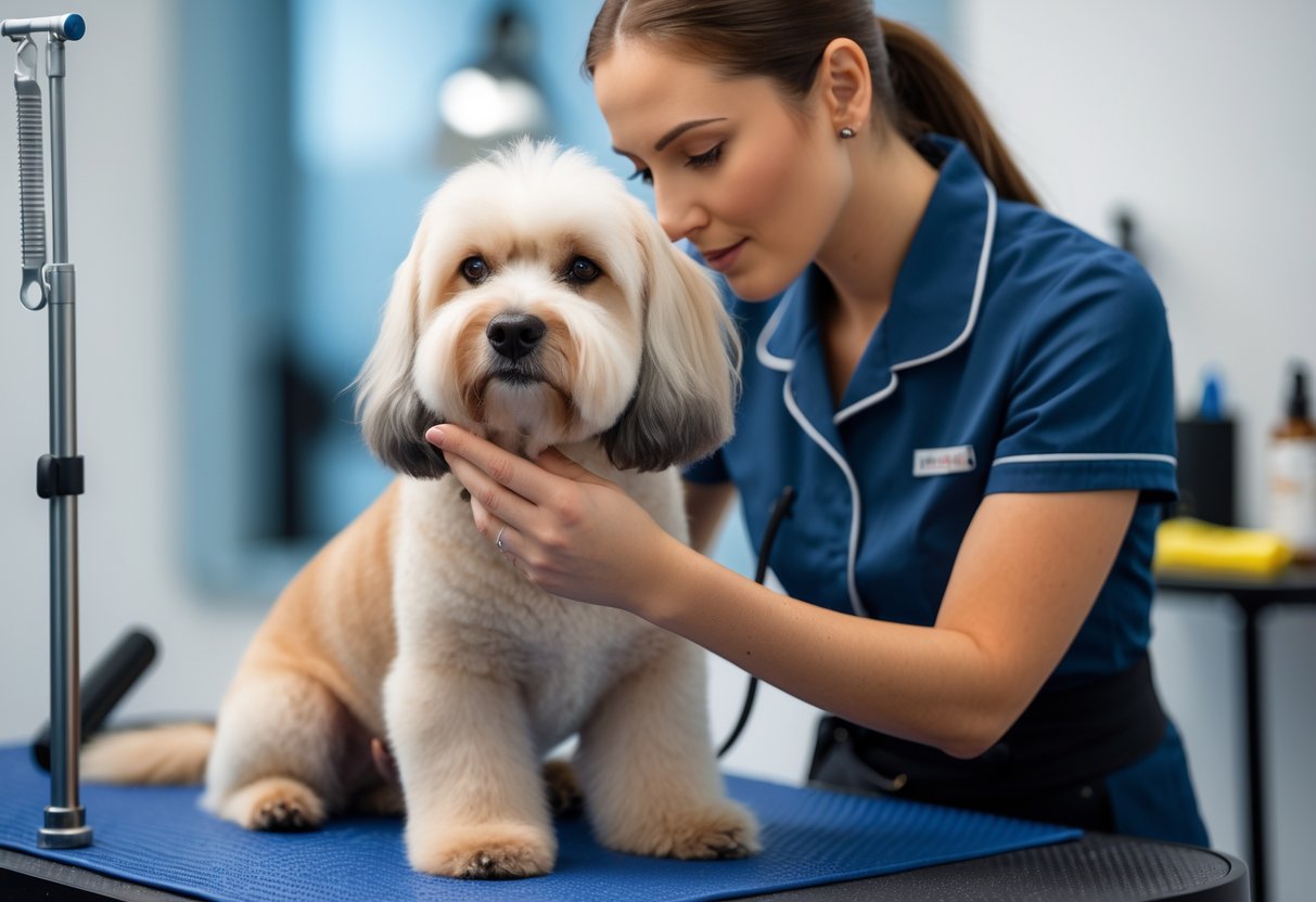 A dog being gently inspected by a groomer during a grooming session for fleas and ticks.