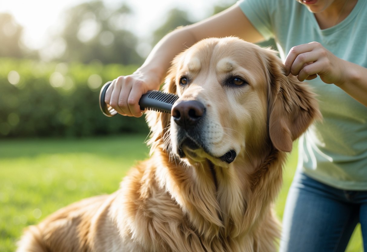 A person grooming a large dog outdoors using a deshedding tool, removing loose fur from the dog's coat.