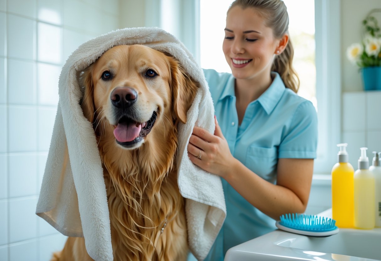A person drying a golden retriever with a towel in a bright bathroom after a bath.