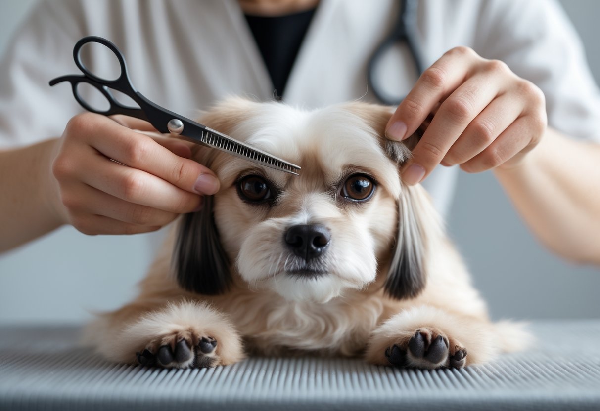 A person trimming hair around a small dog's eyes and paws using grooming scissors.