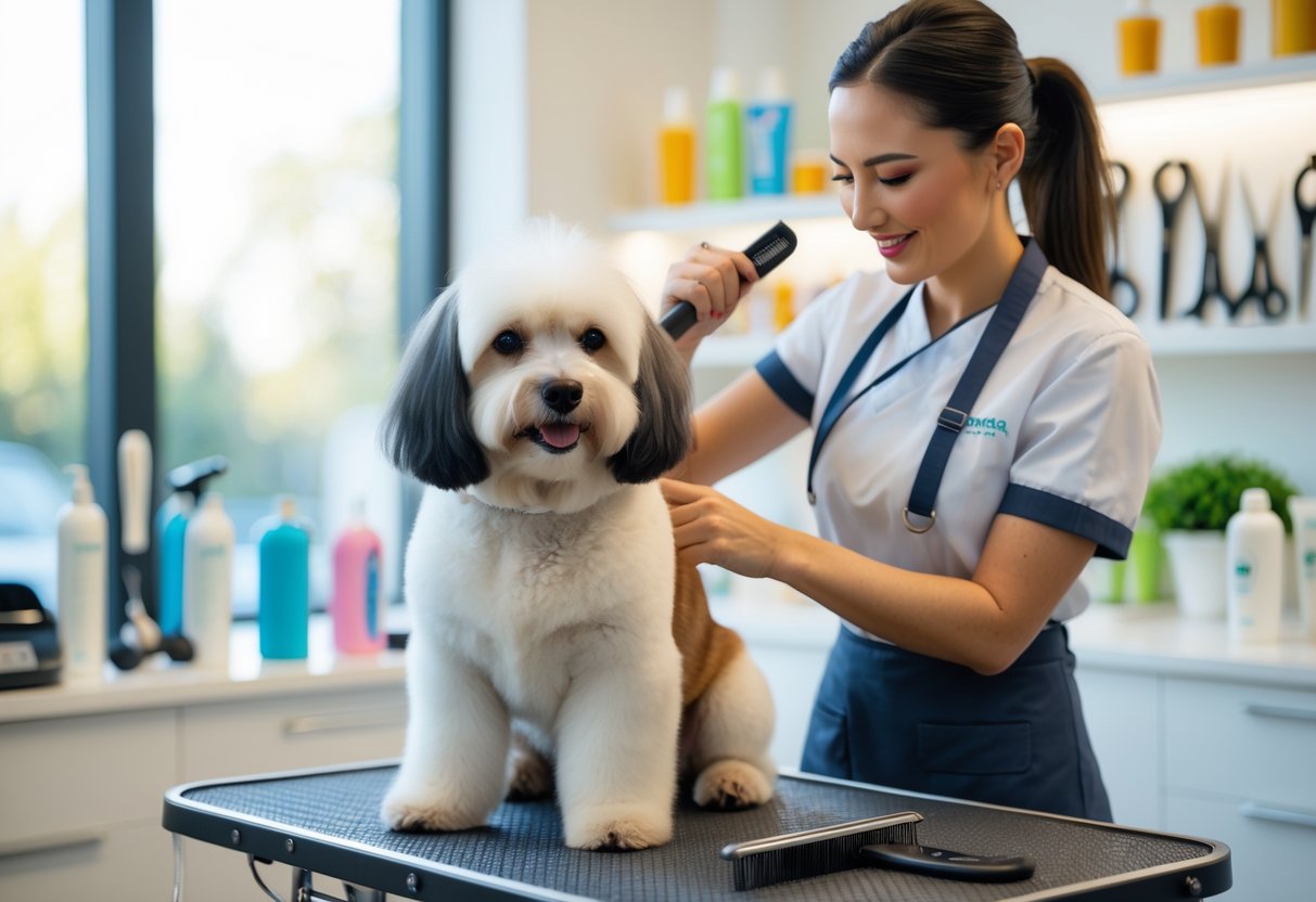 A groomer brushing a happy dog on a grooming table in a bright pet salon with grooming tools nearby.