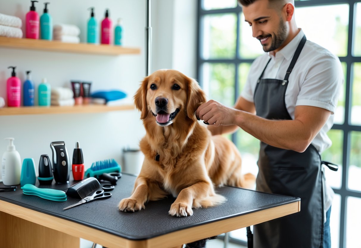 A person gently brushing a calm dog on a grooming table with various grooming tools arranged nearby in a bright pet grooming salon.