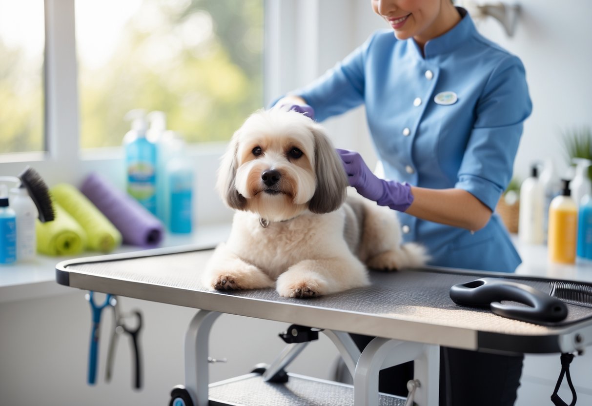 A groomer brushing a calm dog on a grooming table with grooming tools nearby in a bright room.